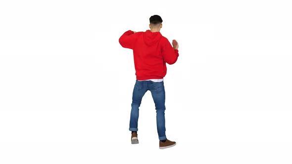 Young Man Dancing Hip-hop Doing Waves on White Background.