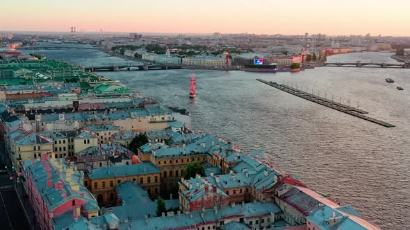 Aerial Footage of Frigate Russia Rehearses Demonstration Pass Along the Palace Embankment on Holiday