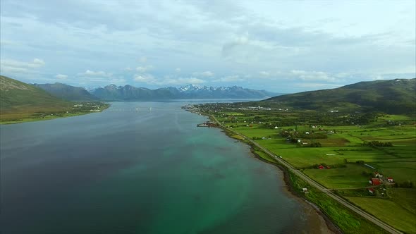 Aerial footage of Sorland on Vesteralen islands in Norway