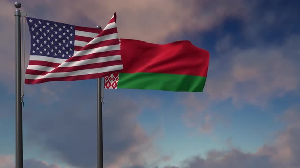 Belarus Flag Waving Along With The National Flag Of The USA - 4K