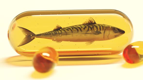 Big capsule with mackerel inside. Omega 3, fish oil, vitamin D concept.