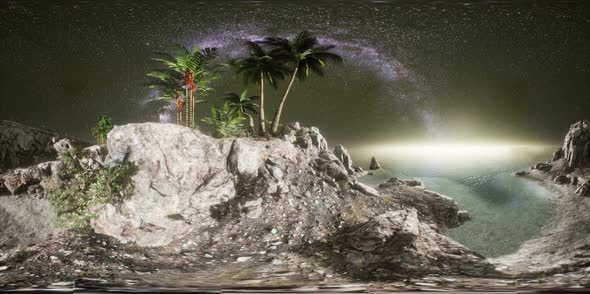 VR 360 Beautiful Fantasy Tropical Beach with Milky Way Star in Night Skies