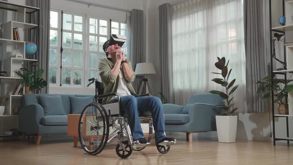 Scary Asian Man Sitting In A Wheelchair While Wearing Virtual Reality Goggles Watching Horror Movie