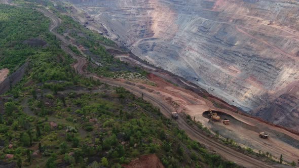 Mining Quarry with Roads and Heavy Machinery in It Aerial View Film Grain