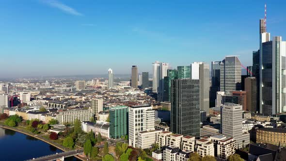 Aerial view of financial district, Frankfurt am Main, Hesse, Germany