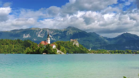Video of Bled castle and pilgrimage church with the Alps in the background