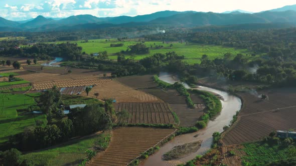 Aerial View of Pai Rice Terraces, River and Mountain in Mae Hong Son, Chiang Mai, Thailand