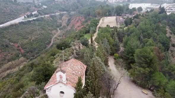 Aerial Flying Over Hermitage At Castellbisbal. Dolly Forward