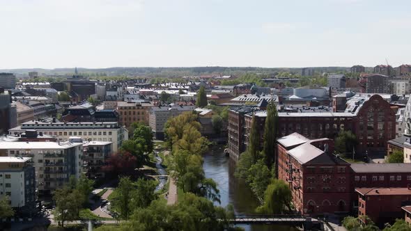 Aerial View Of River And Colorful Residential Area, Norrkoping, Sweden