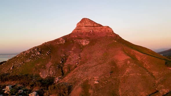 Aerial view of Lion’s Head mountain at sunset, Cape Town, South Africa.