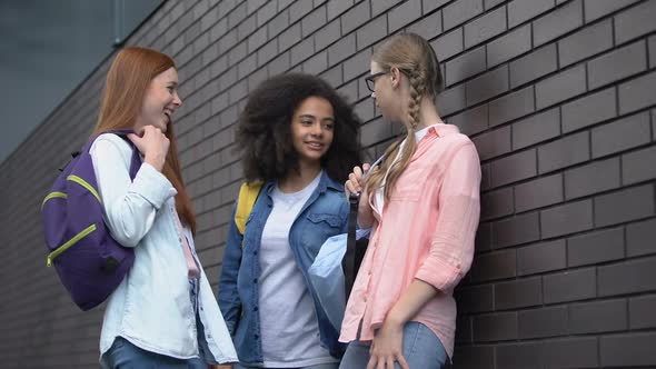 Female Students Bullying Scared Modest Schoolgirl in Eyeglasses, Threatening