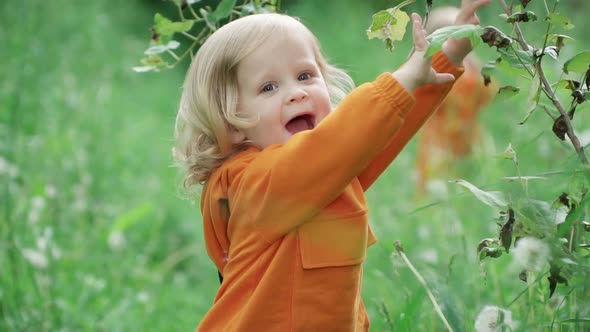 Little Joyful Boy in Orange Hoodie Looks at Camera During Walk in Nature, Slow Motion