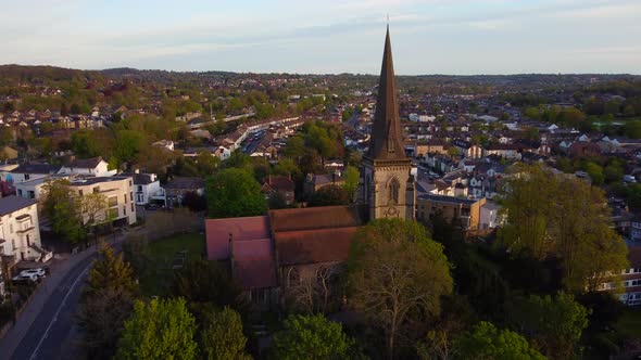 Aerial Drone View of a Church and Spire in a Typical English Town