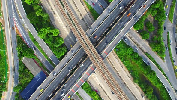 4K : Aerial view shot of fast moving Highway road