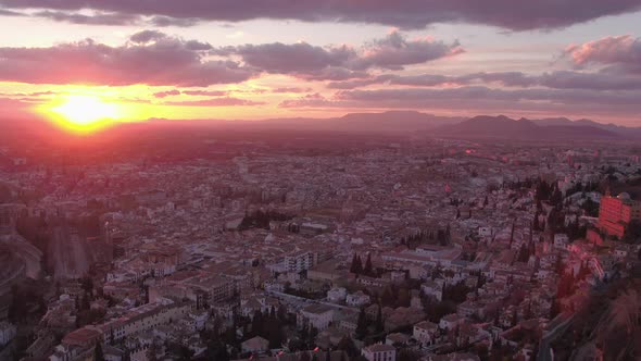 Aerial of the sunset over Granada