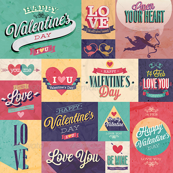 Valentines Day Set Emblems and Decorative Elements