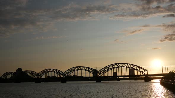 Time lapse from the Railway Bridge during sunset in Riga Latvia