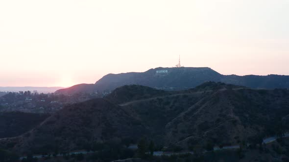 Aerial Hollywood sign in Los Angeles. Hollywood Hills in Beautiful Sunset Golden Hour