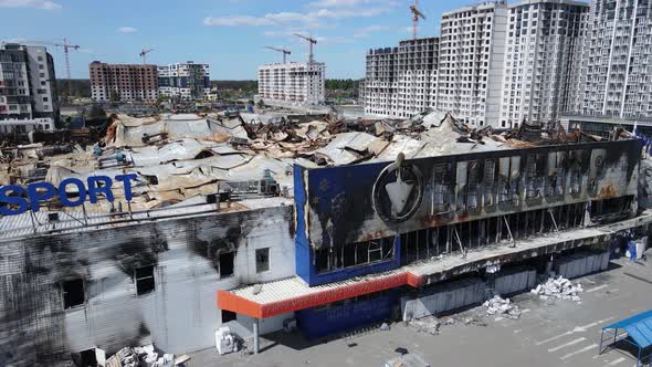 Wartorn Building of a Shopping Center in Bucha Ukraine