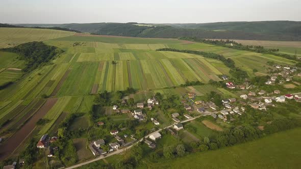 Aerial view of small village with small houses among green trees with farm fields and distant