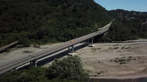 Aerial View of Traffic on Bridge, 2 Lane Road with Cars