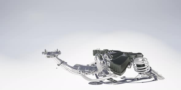 VR 360 Camera Moving Above Detailed Car Engine and Other Parts or the Car alt