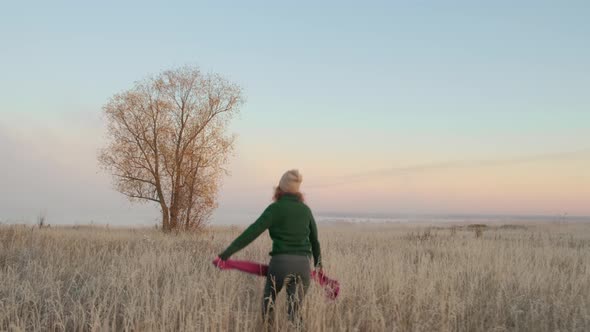 Autumn Landscape, Woman Traveler Having Fun at Sunrise