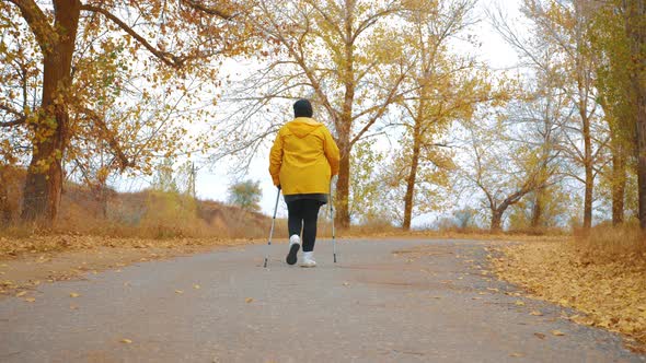 Senior Woman Making Nordic Walking in the Autumn Forest. Nordic Walking Race on Autumn Trail