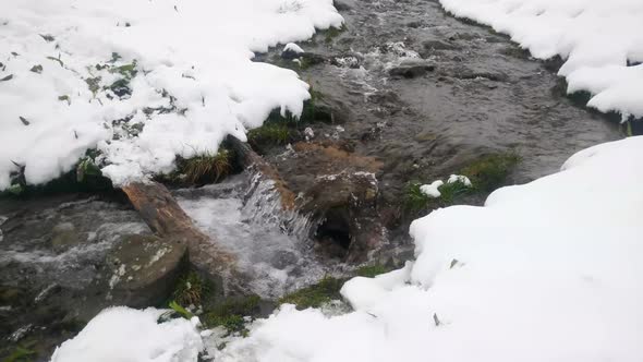 Mountain stream flows through the snow