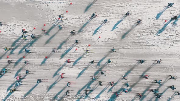 Skiers Race on Track at Competition on Snowy Downhill