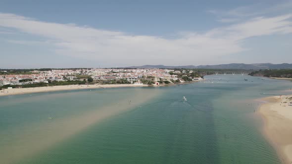 Aerial view of scenic Mira river Estuary on Southwest National Park, Vila Nova de Milfontes, Portuga