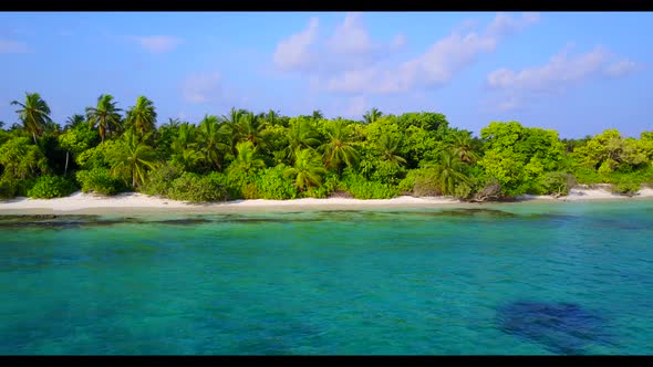 Aerial above nature of marine coast beach trip by blue green lagoon and white sand background of a d