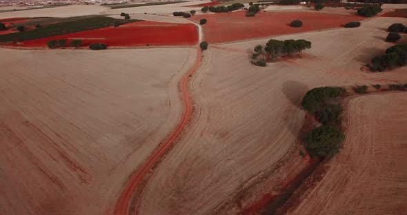 Aerial view of red earth ground country side in spain outdoor nature