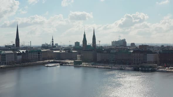 Descending Aerial View of Jungfernstieg Boulevard By the Binnenalster Lake in Hamburg City Center