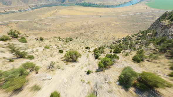 Fast FPV drone flying down dry river valley mountain hill with pine trees