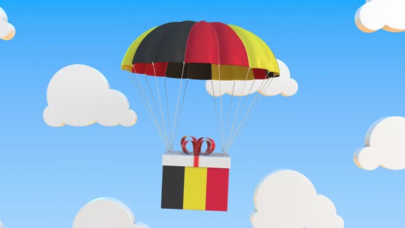 Box with National Flag of Belgium Falls with a Parachute