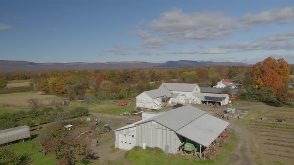 Aerial of sheds in farm, autumn trees and mountains at a distance