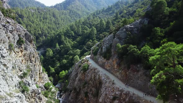 Aerial View of Turkish Mountains and Famous Hiking Lycian Way with Walking Tourists