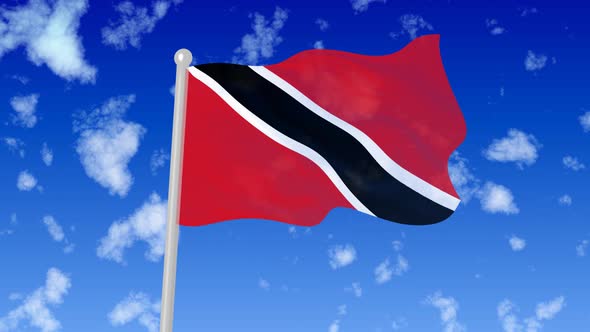 Trinidad And Tobago Flying Flag Wave In The Sky With Clouds