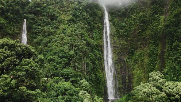 Drone moves away from a rainforest Waimoku Falls, aerial view, Maui, Hawaii, USA