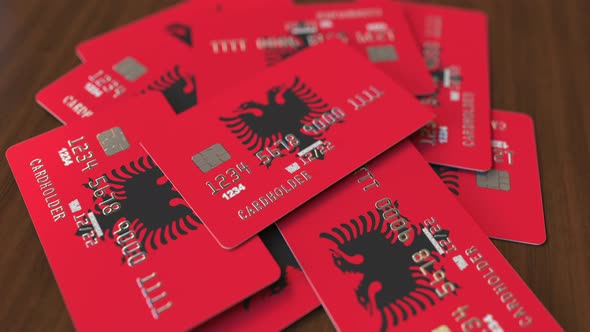 Many Credit Cards with Flag of Albania