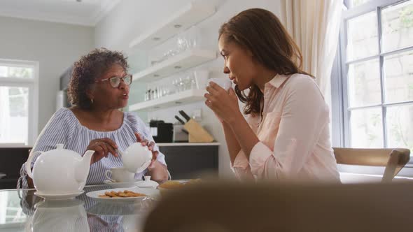 Senior mixed race woman drinking tea with her daughter in social distancing