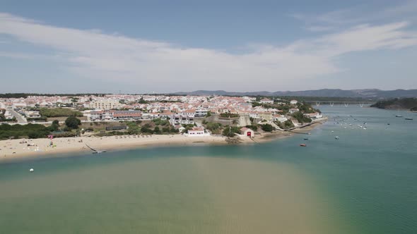 Aerial View Over Mira River Looking At Praia da Franquia At Vila Nova de Milfontes, Circle Dolly Lef