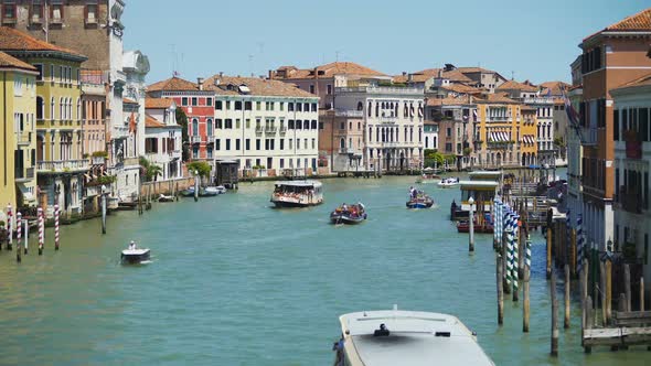 Tourists Travel by Vaporettos in Venice, Beautiful View of Grand Canal, Italy