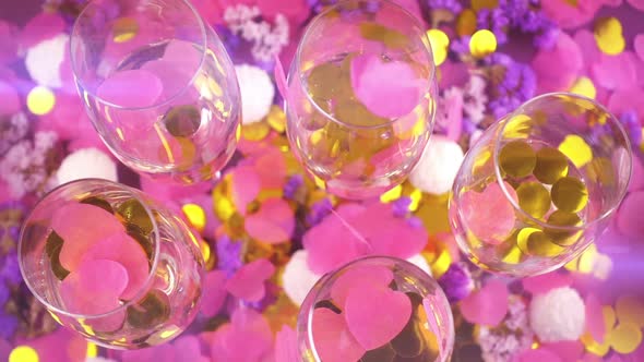 Glasses with sparkling wine and confetti and flowers on a pink background. Slow motion.