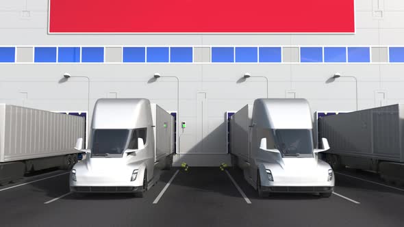 Semitrailer Trucks at Warehouse Loading Bay with Flag of ECUADOR alt