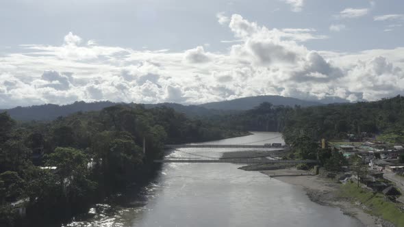 Aerial view, approaching two large bridges in South America