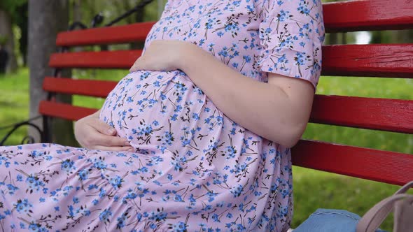 A Pregnant Woman is Sitting in a Summer Park