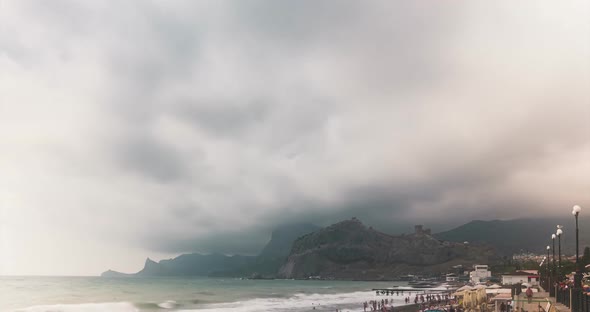 City Beach in the City of Sudak at the Foot of the Mountain. Crimea