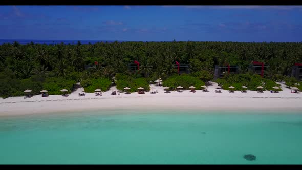 Aerial tourism of marine seashore beach lifestyle by turquoise ocean with white sandy background of 